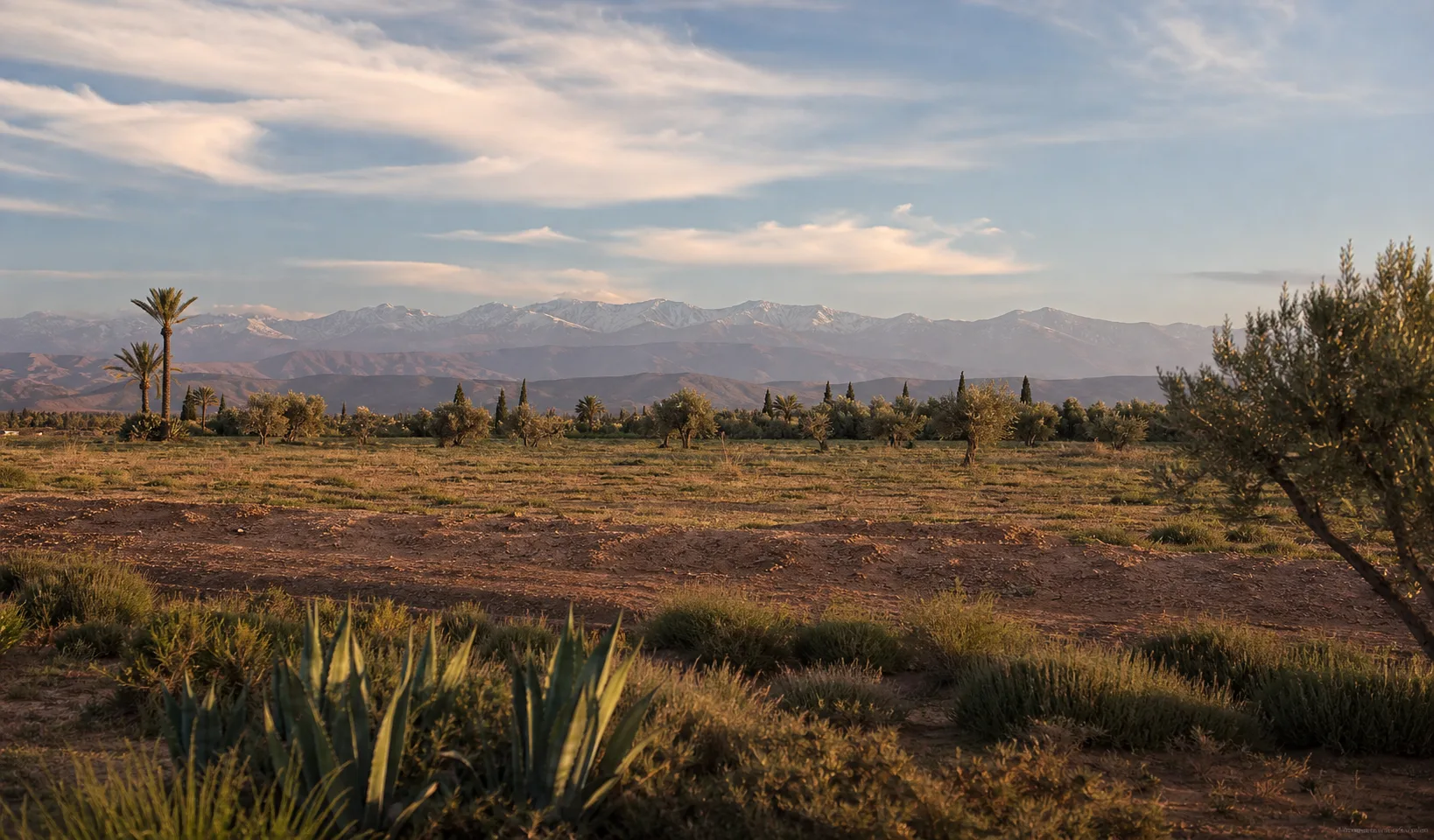 Open land near Marrakech with Atlas mountains in the distance